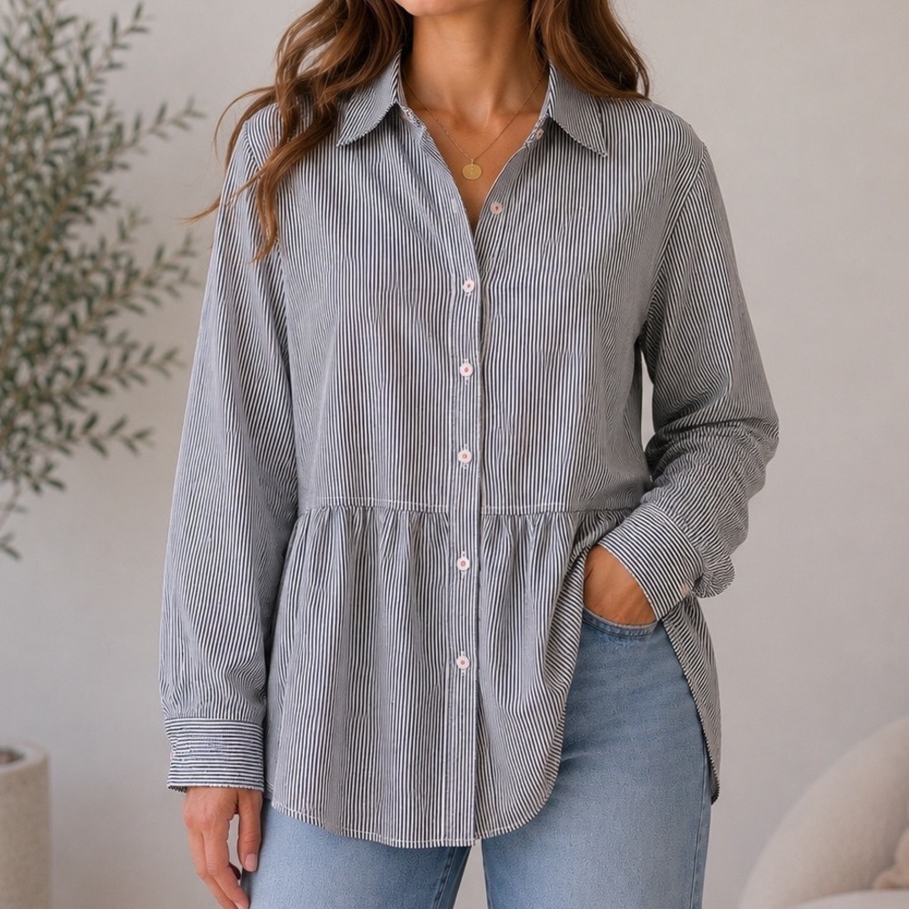 new directions Black and White Striped Button-Front Peplum Blouse